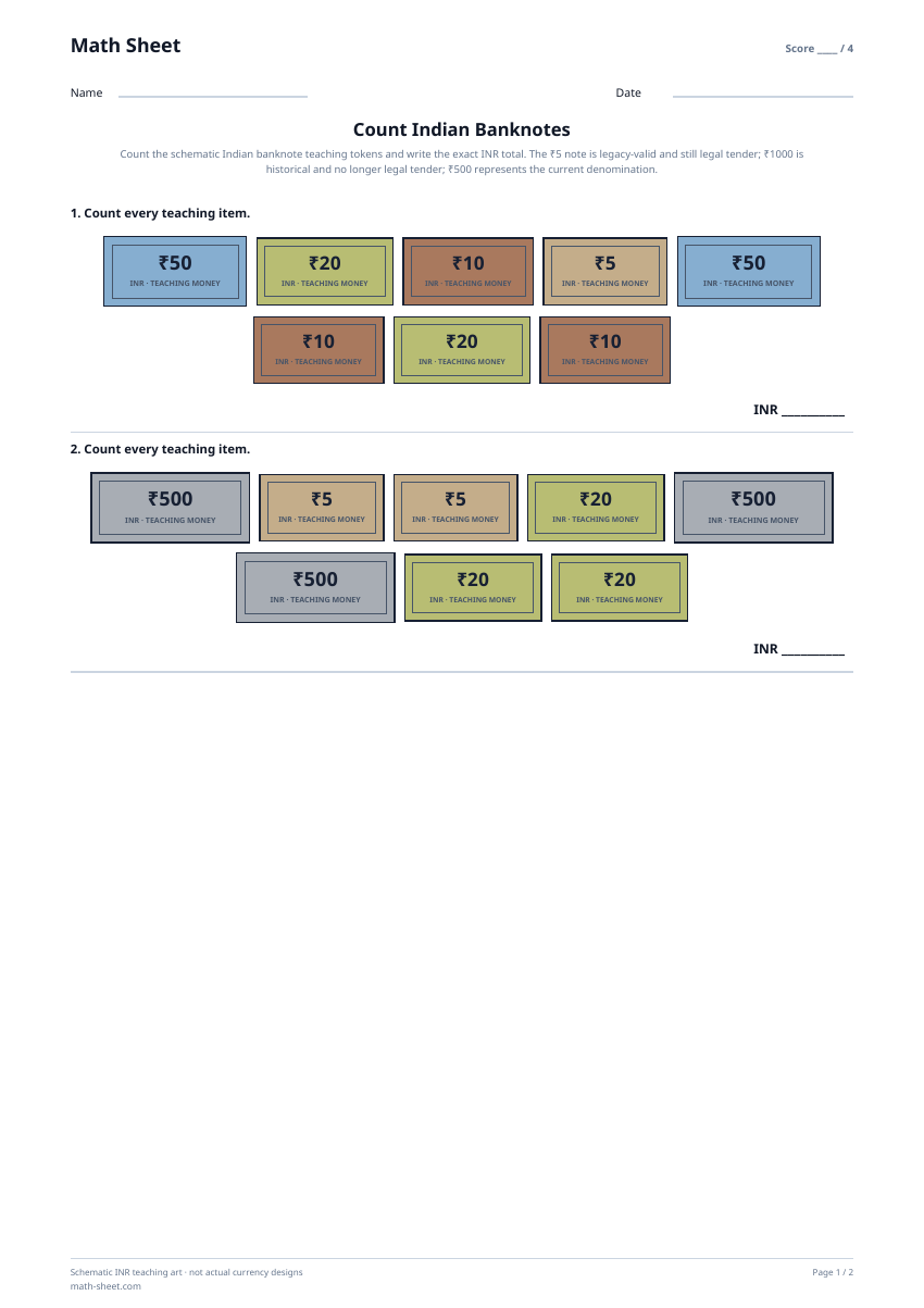 Printable count indian banknotes worksheet preview