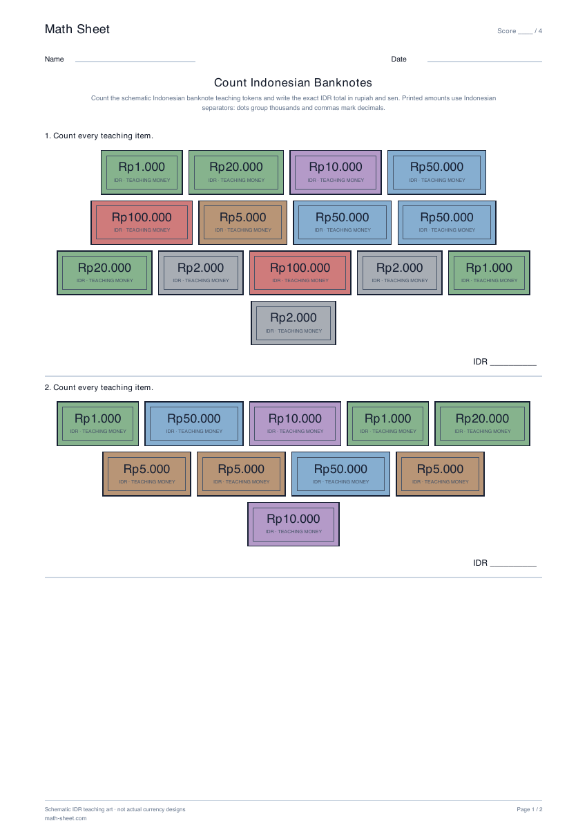 Printable count indonesian banknotes worksheet preview