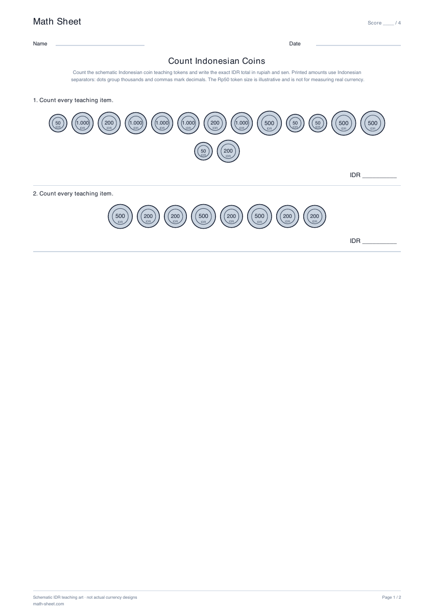 Printable count indonesian coins worksheet preview
