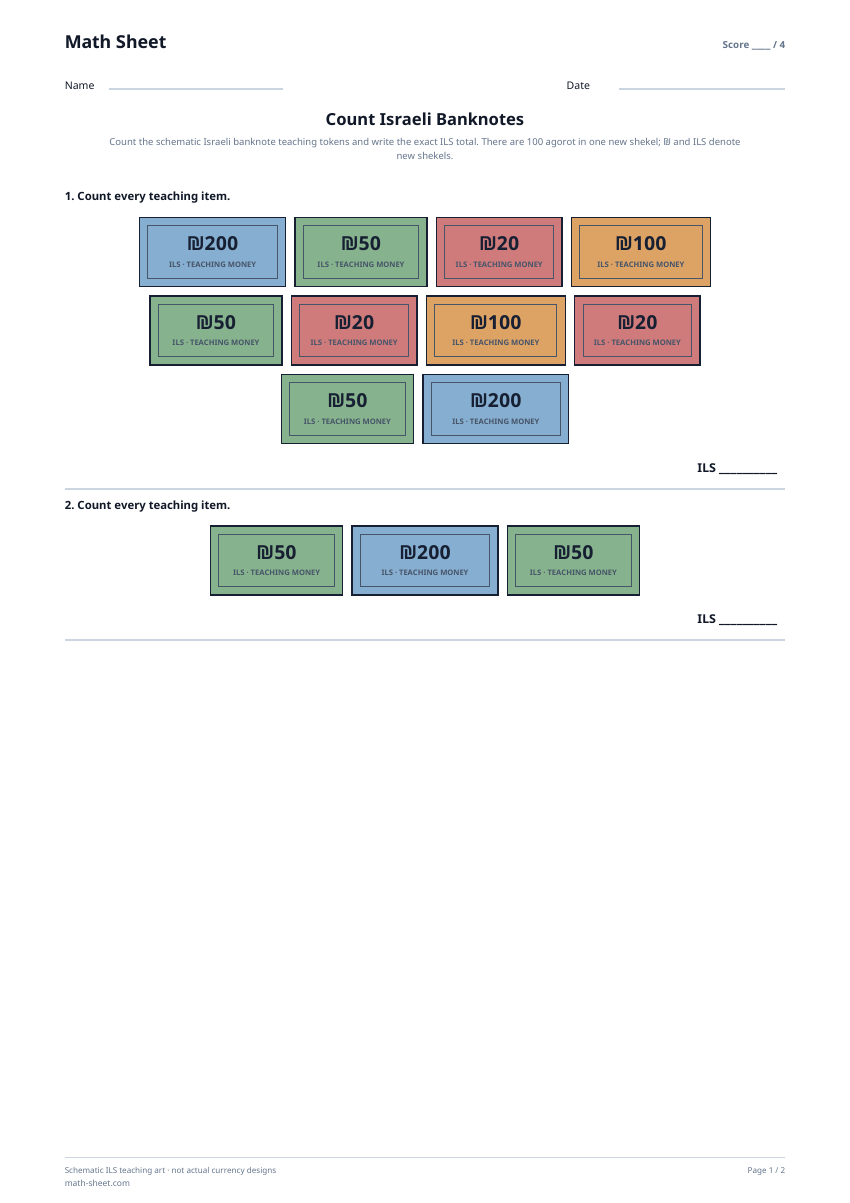 Printable count israeli banknotes worksheet preview