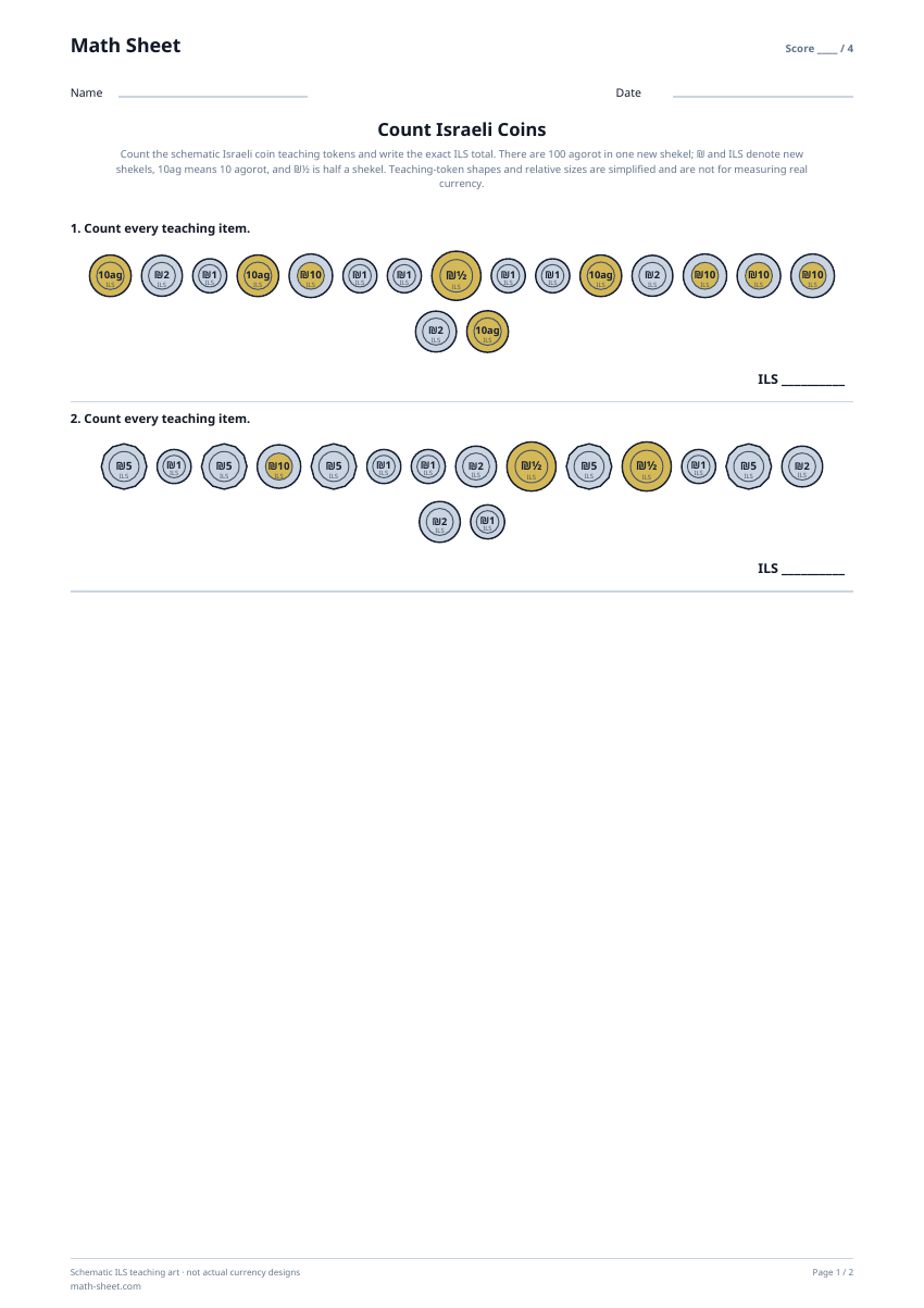 Printable count israeli coins worksheet preview