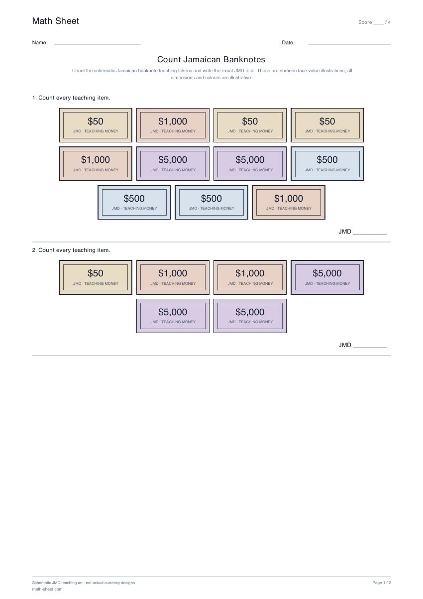 Printable count jamaican banknotes worksheet preview