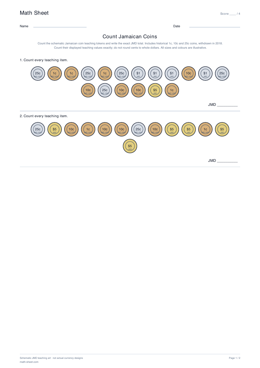 Printable count jamaican coins worksheet preview