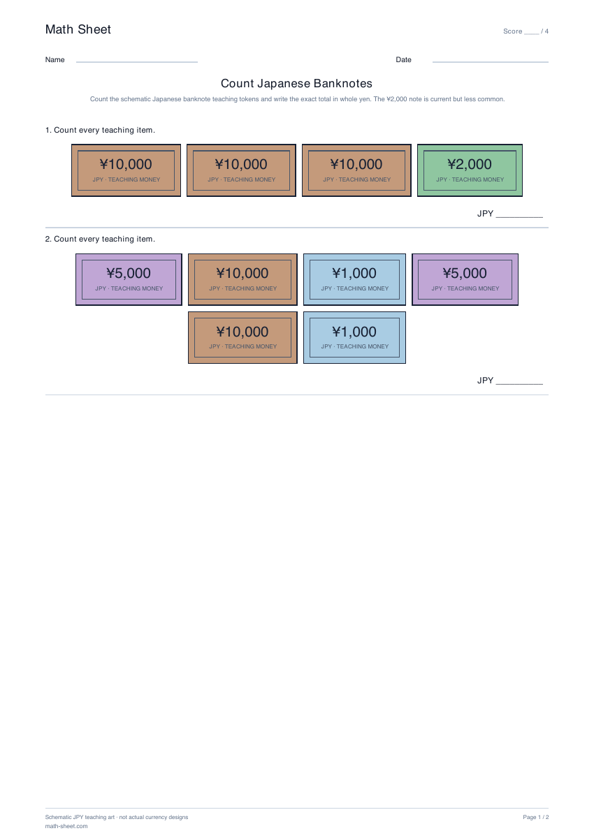 Printable count japanese banknotes worksheet preview