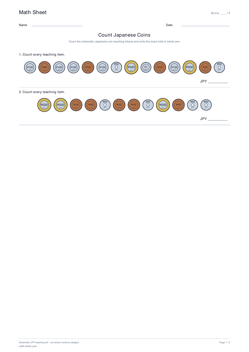 Printable count japanese coins worksheet preview