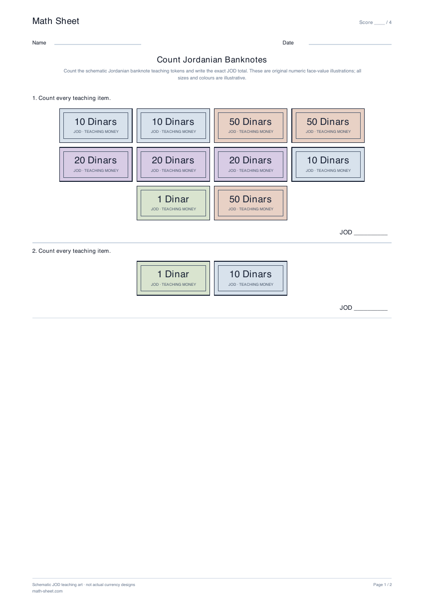 Printable count jordanian banknotes worksheet preview