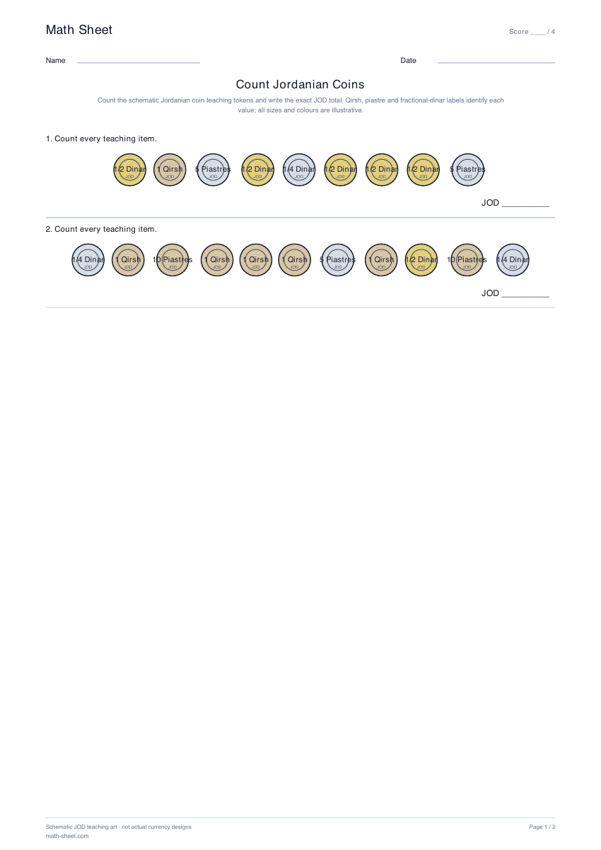 Printable count jordanian coins worksheet preview