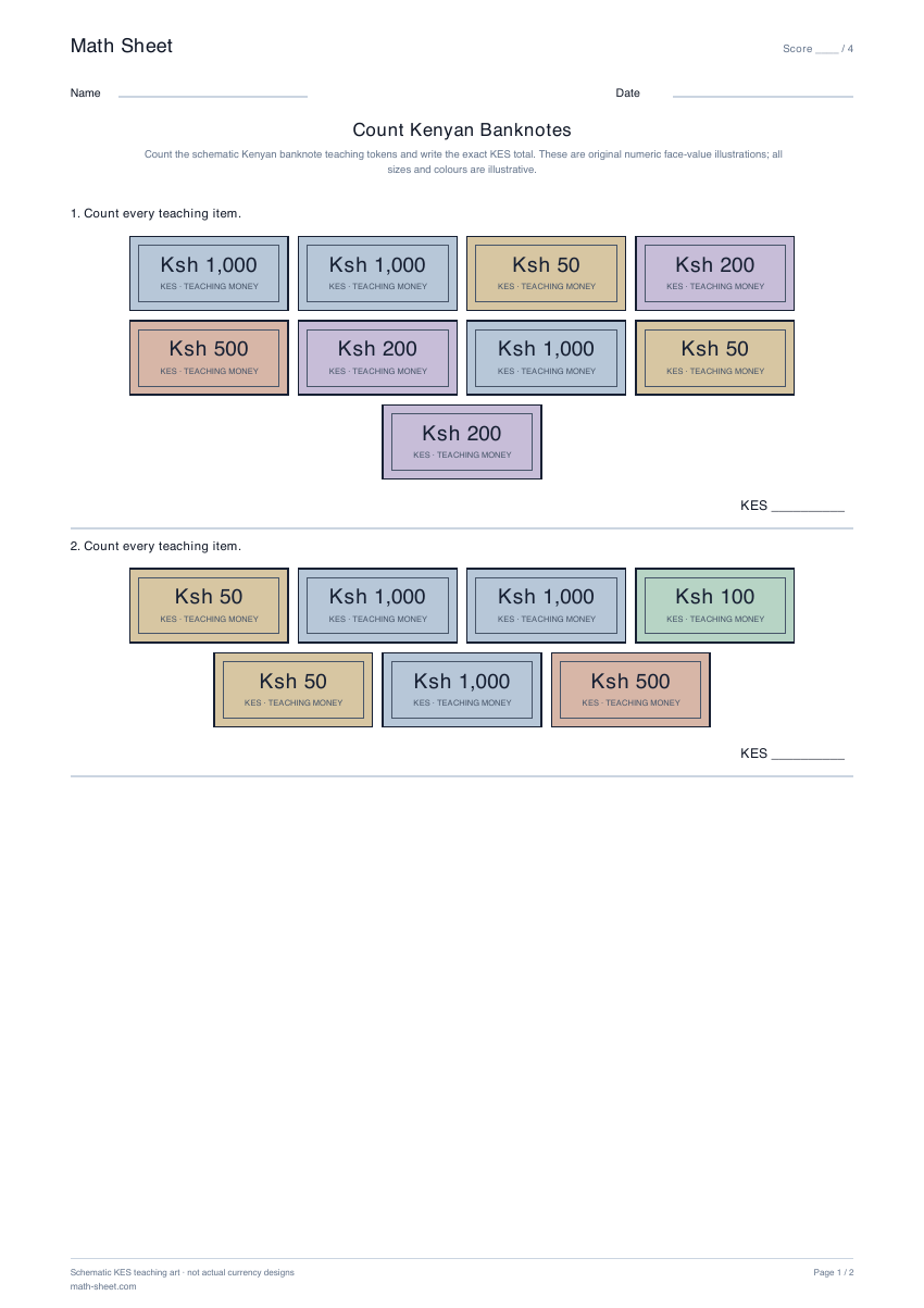 Printable count kenyan banknotes worksheet preview