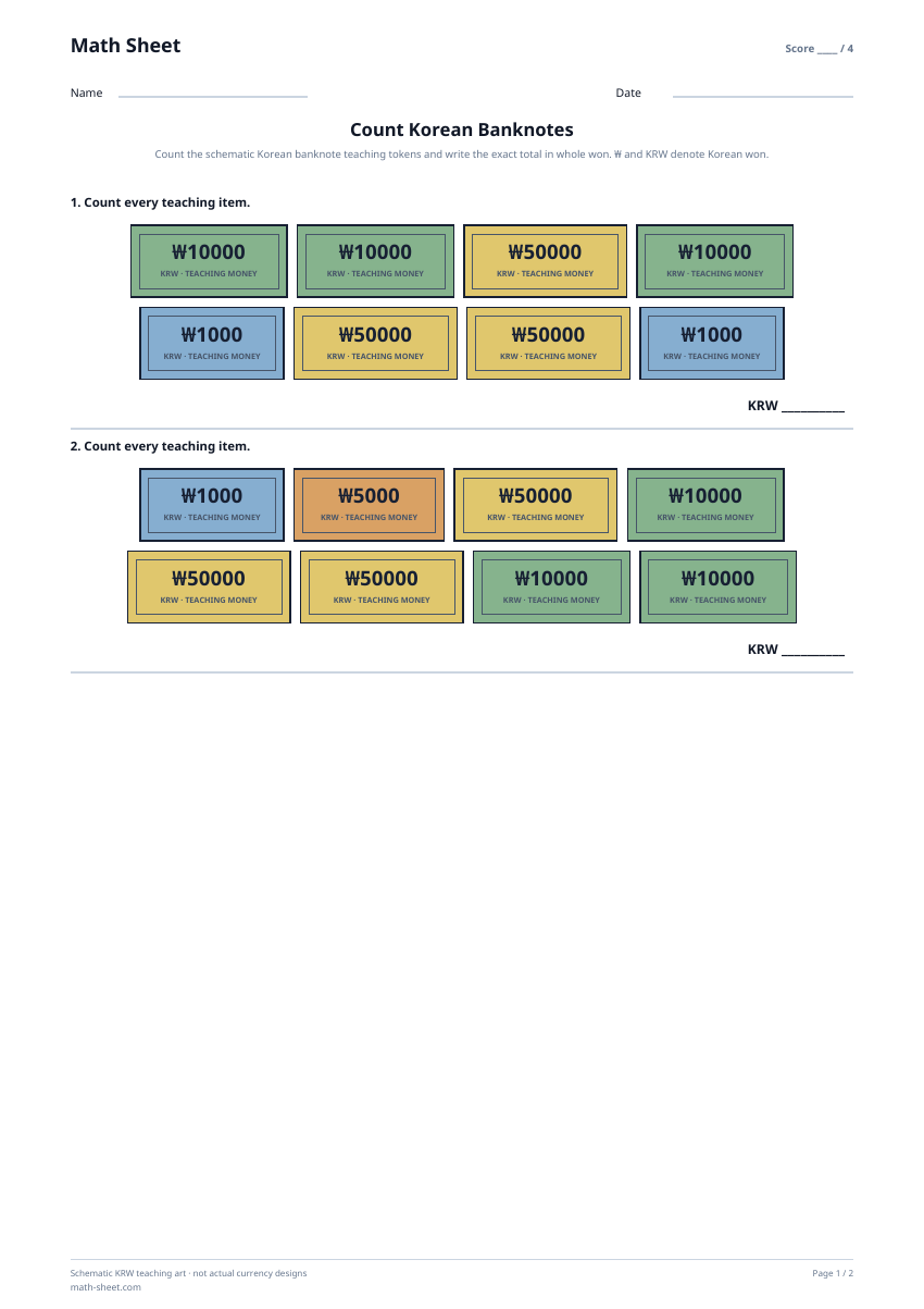 Printable count korean banknotes worksheet preview