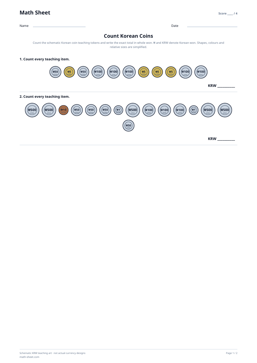 Printable count korean coins worksheet preview