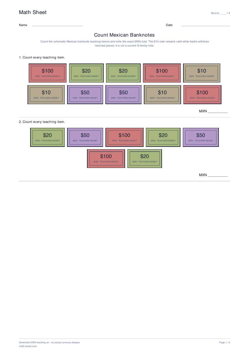 Printable count mexican banknotes worksheet preview