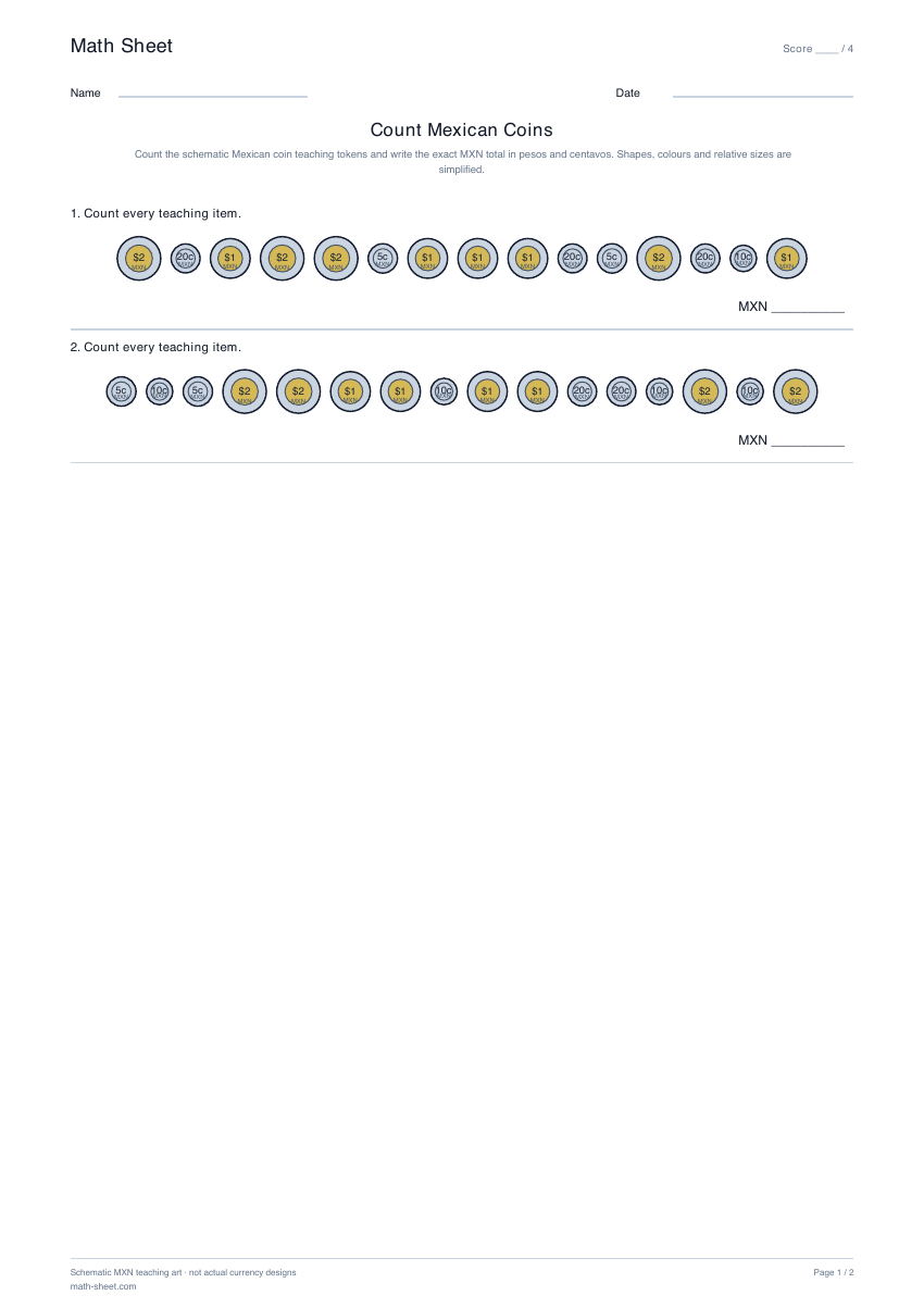 Printable count mexican coins worksheet preview