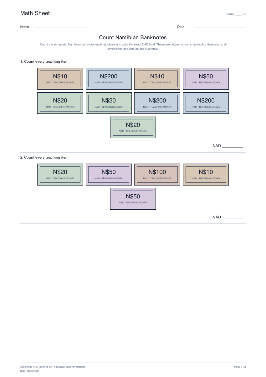 Printable count namibian banknotes worksheet preview