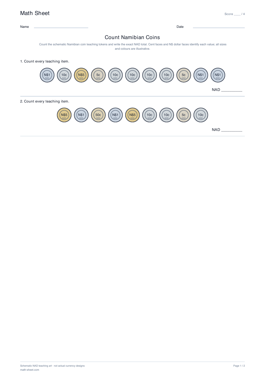 Printable count namibian coins worksheet preview