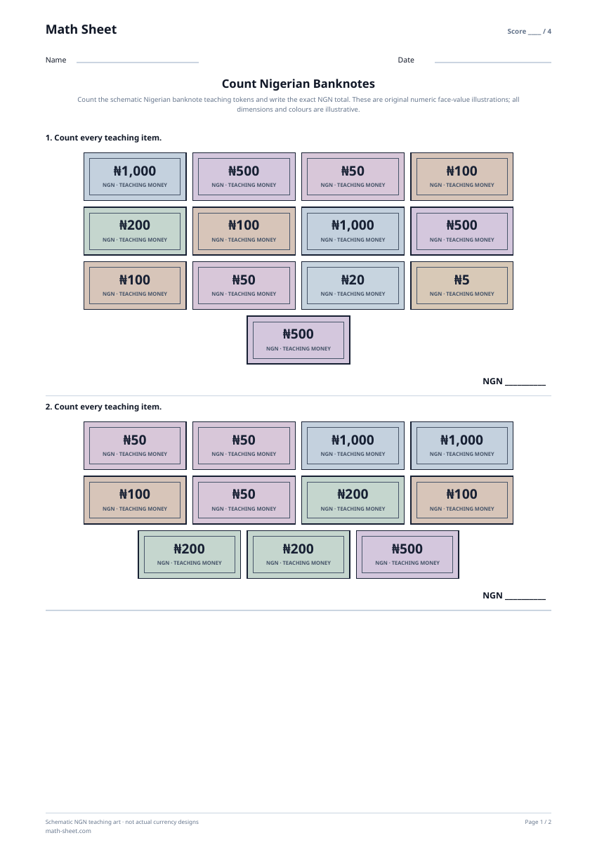 Printable count nigerian banknotes worksheet preview