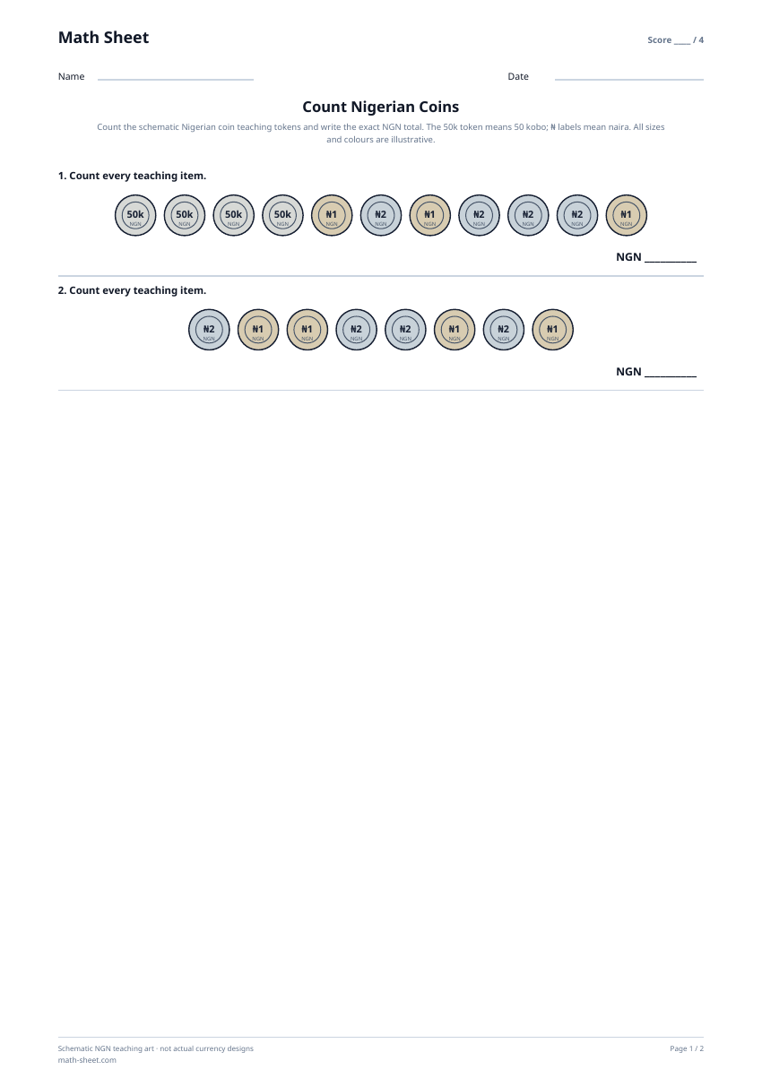 Printable count nigerian coins worksheet preview
