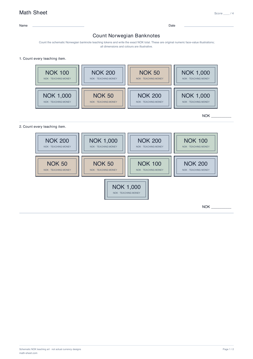 Printable count norwegian banknotes worksheet preview