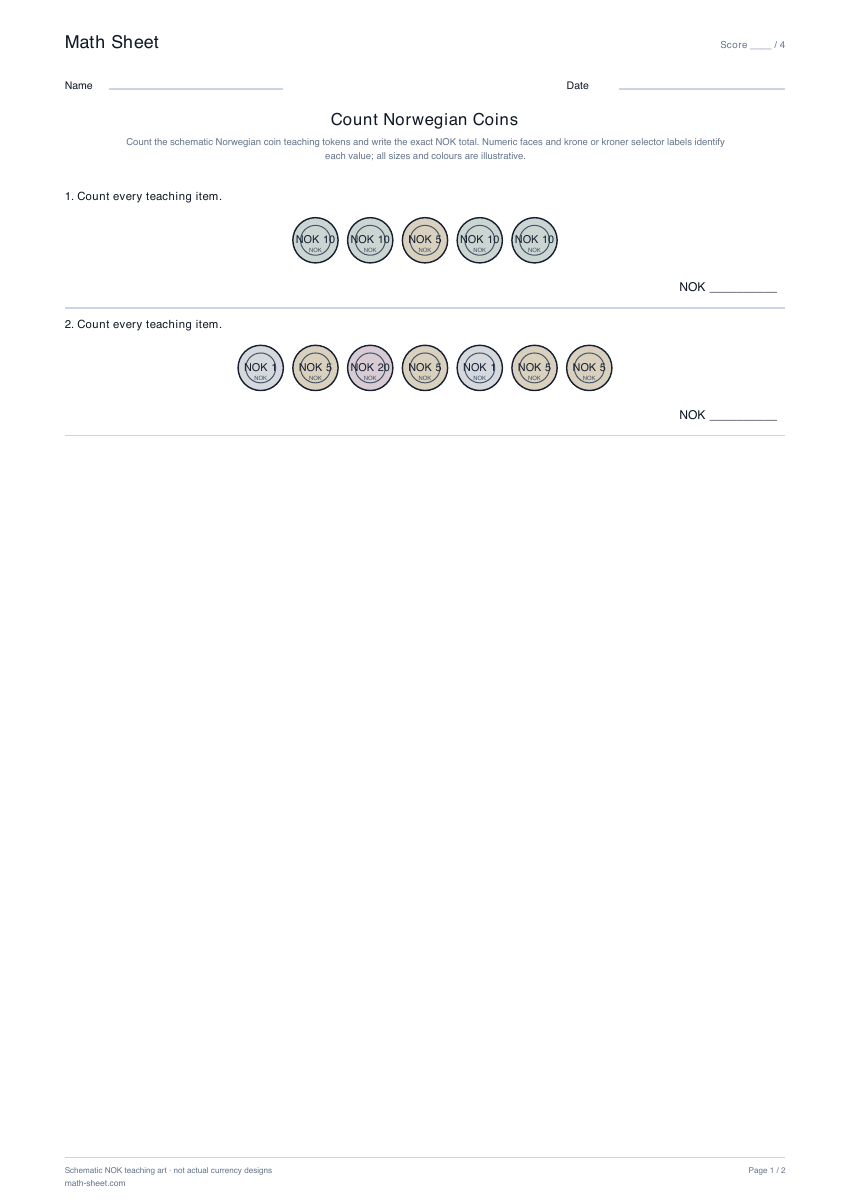Printable count norwegian coins worksheet preview