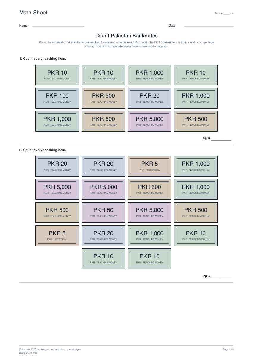 Printable count pakistan banknotes worksheet preview