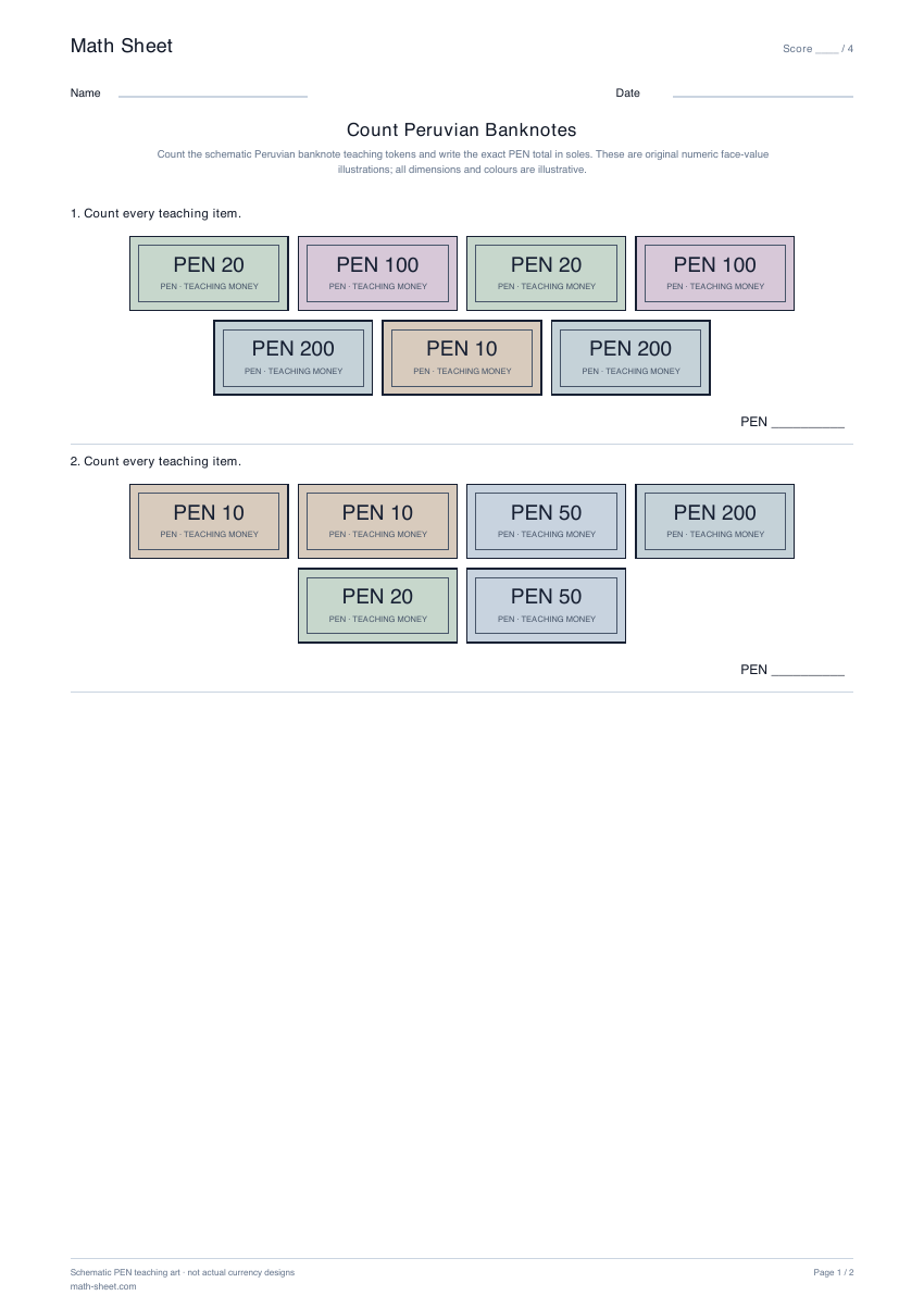 Printable count peruvian banknotes worksheet preview