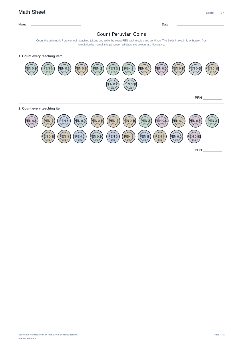 Printable count peruvian coins worksheet preview
