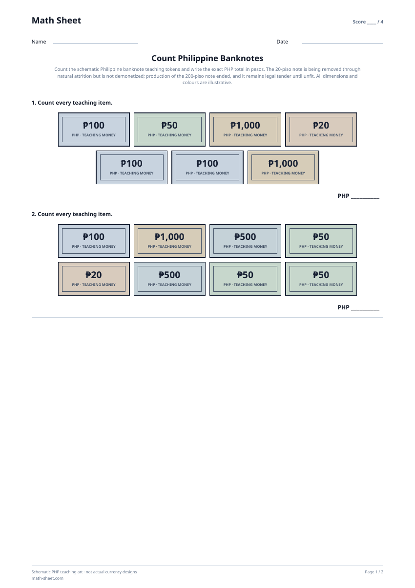Printable count philippine banknotes worksheet preview