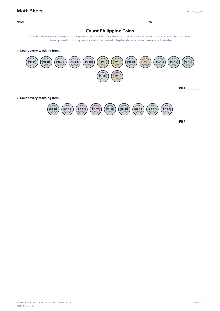 Printable count philippine coins worksheet preview