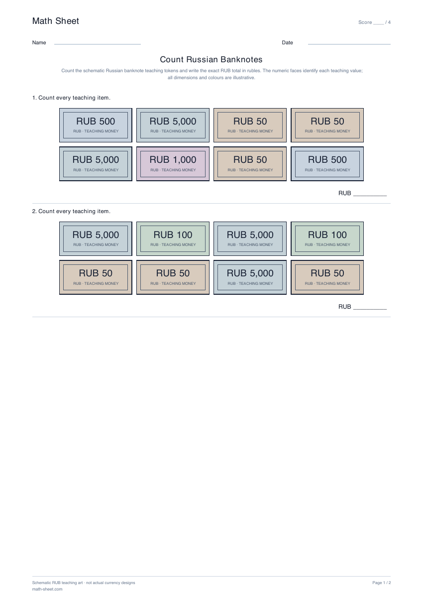 Printable count russian banknotes worksheet preview