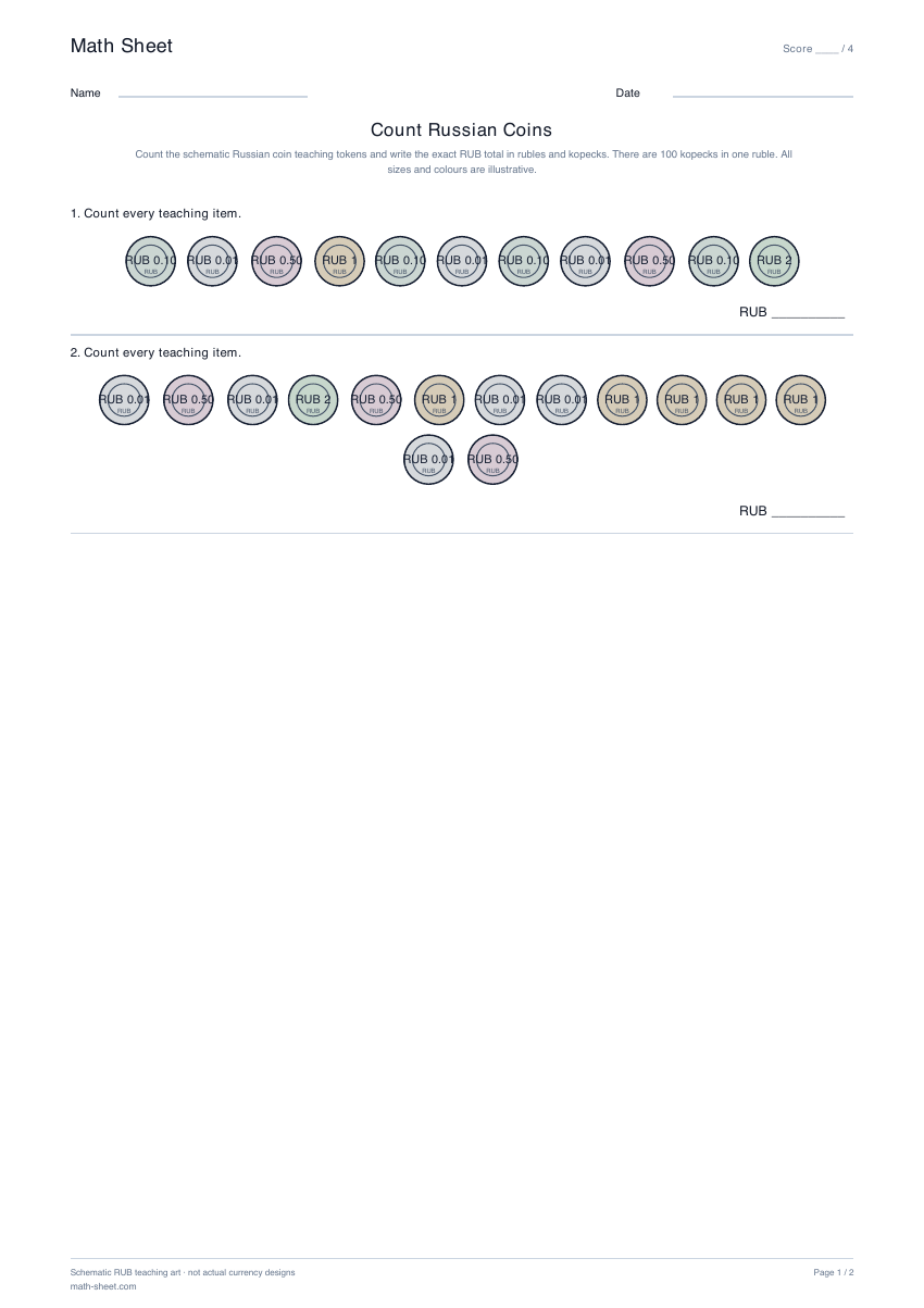 Printable count russian coins worksheet preview
