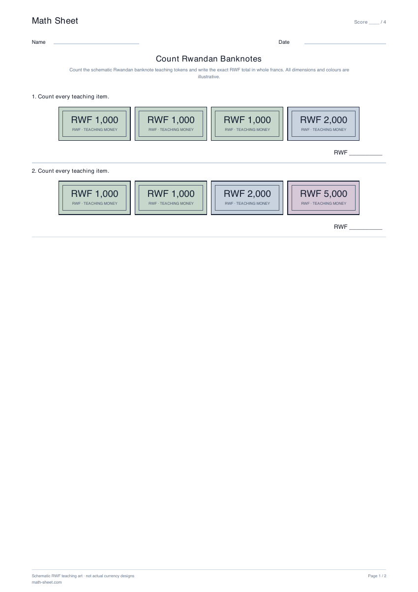 Printable count rwandan banknotes worksheet preview