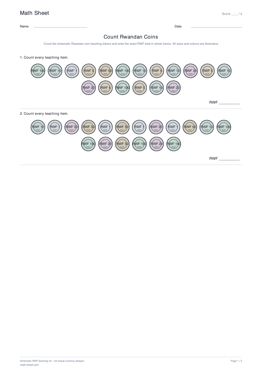 Printable count rwandan coins worksheet preview