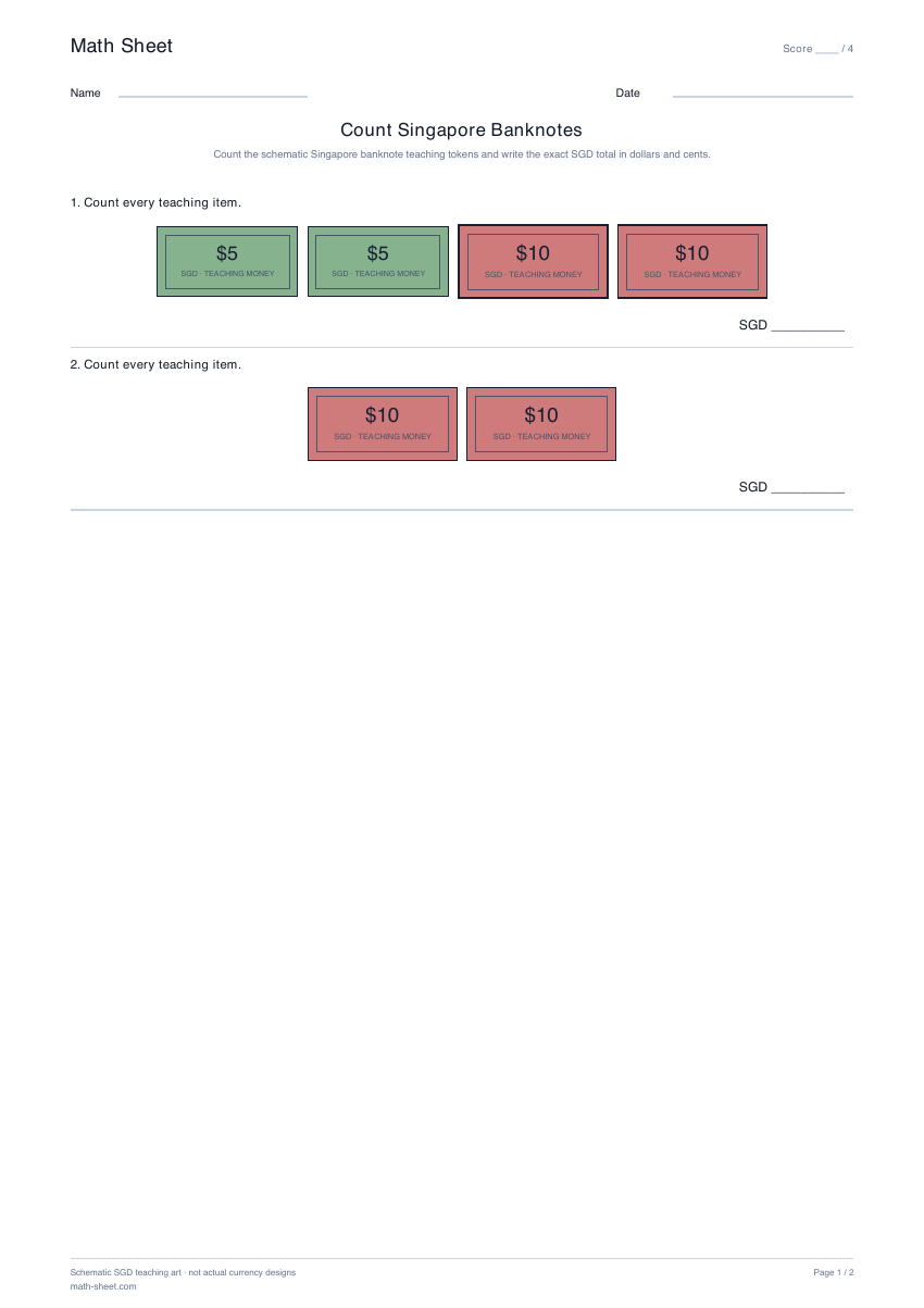 Printable count singapore banknotes worksheet preview