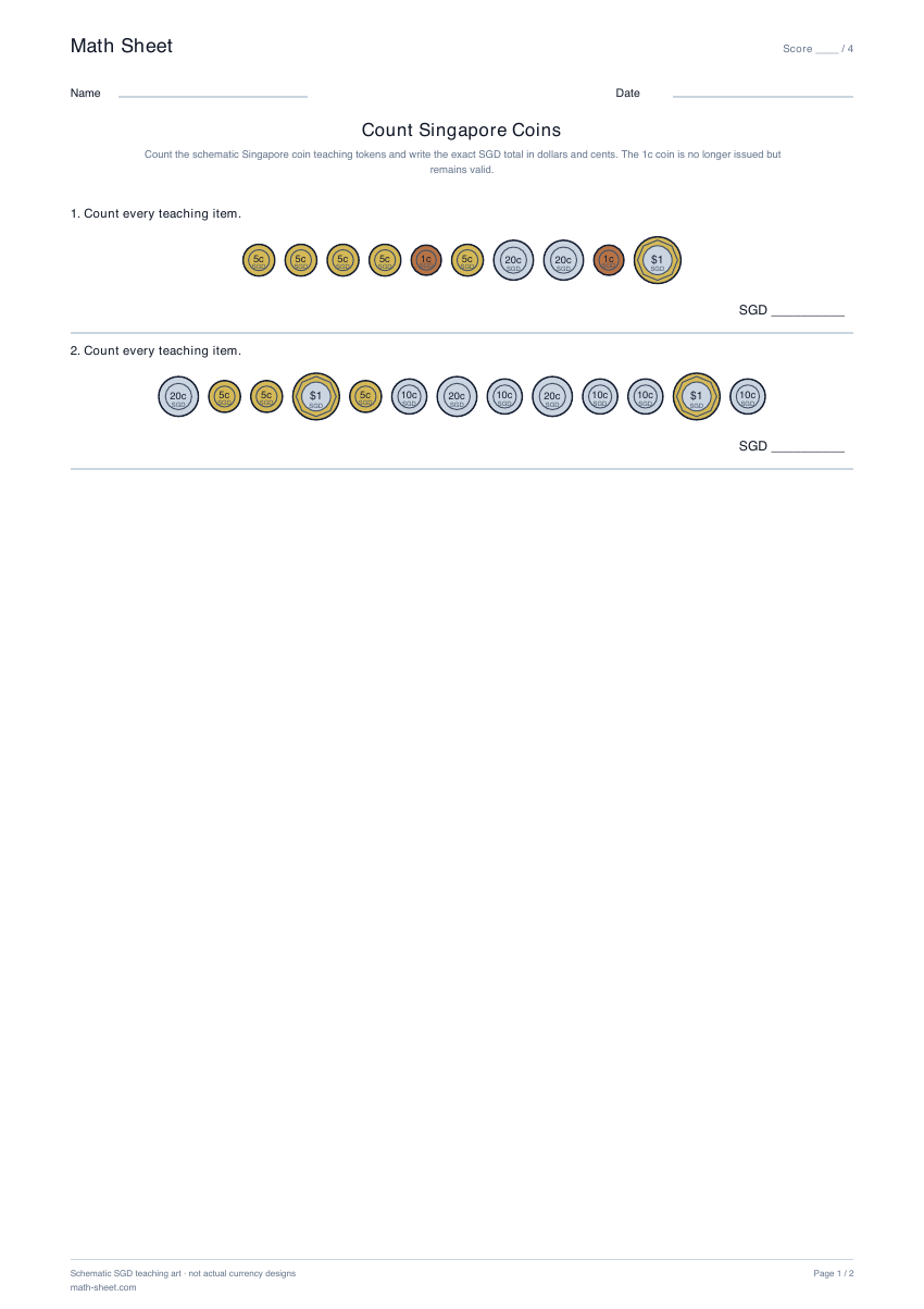 Printable count singapore coins worksheet preview