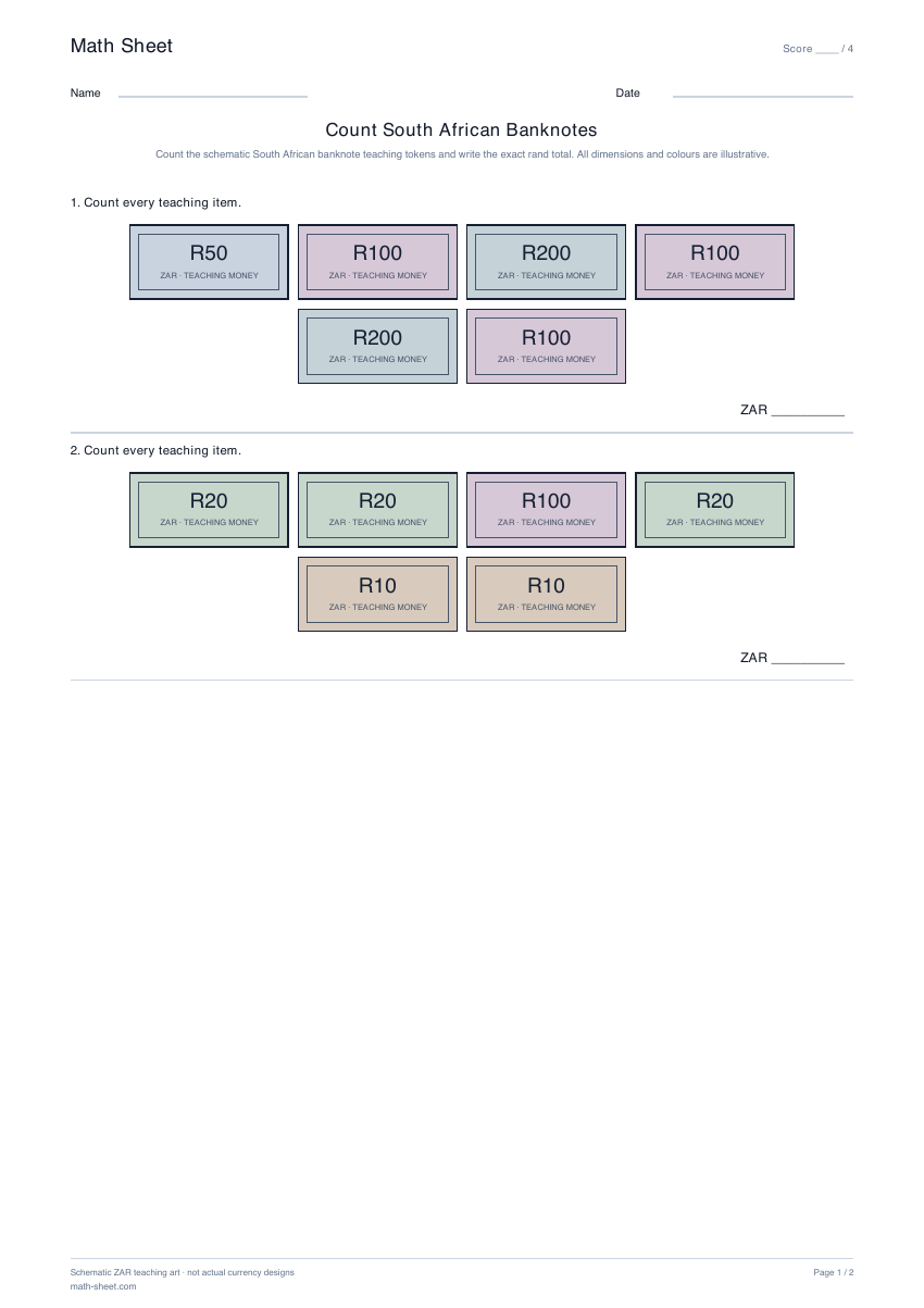 Printable count south african banknotes worksheet preview