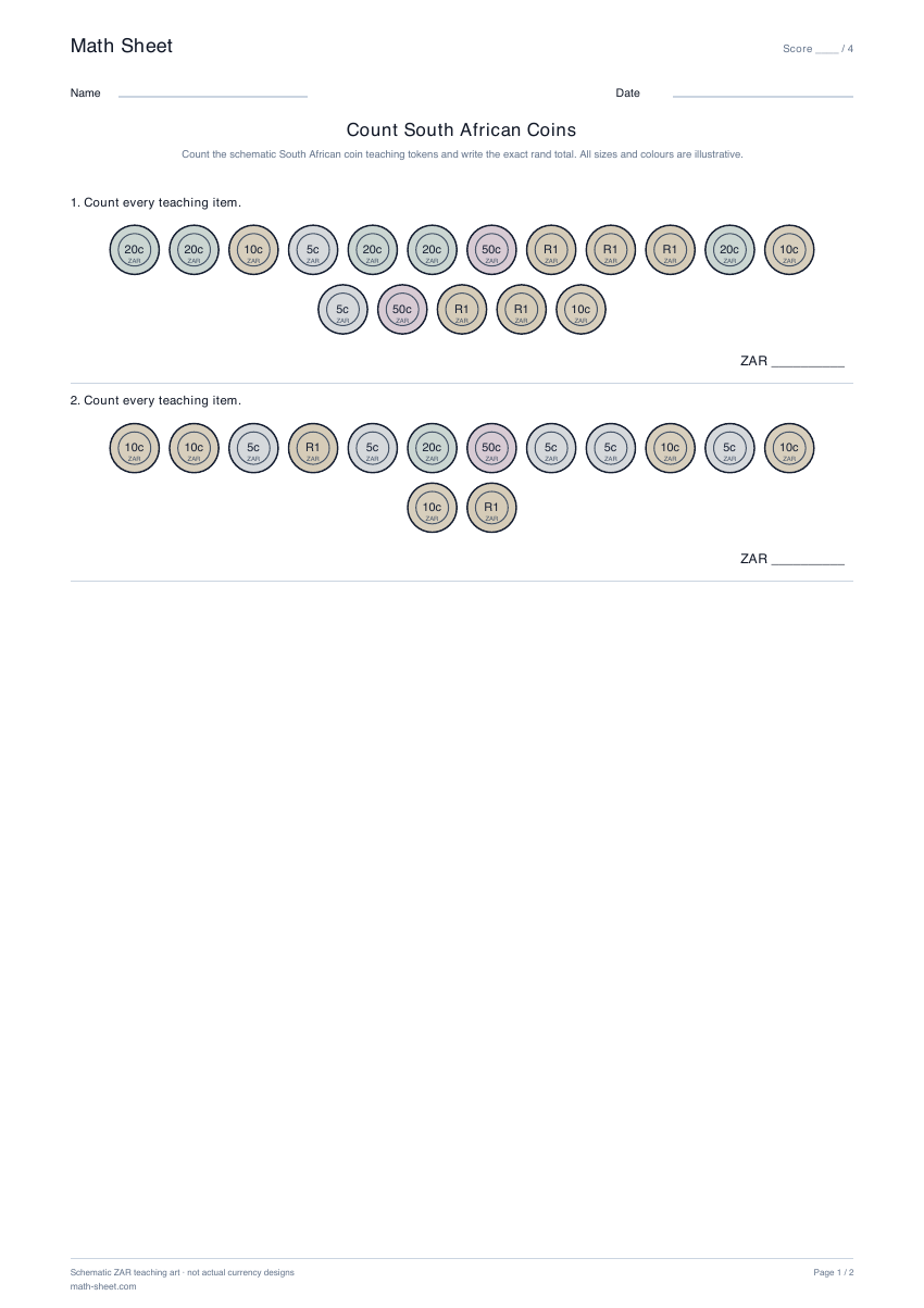 Printable count south african coins worksheet preview