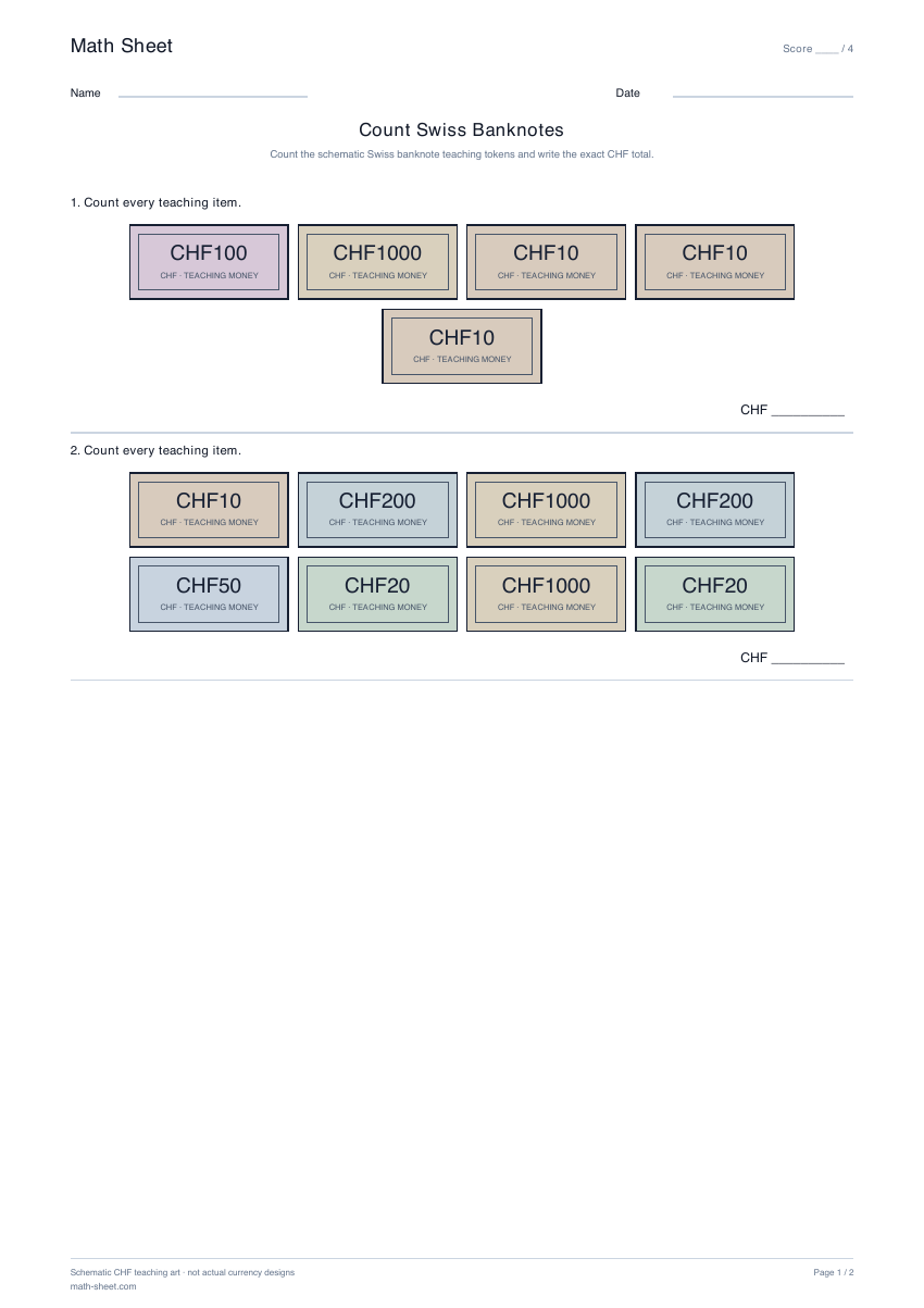 Printable count swiss banknotes worksheet preview