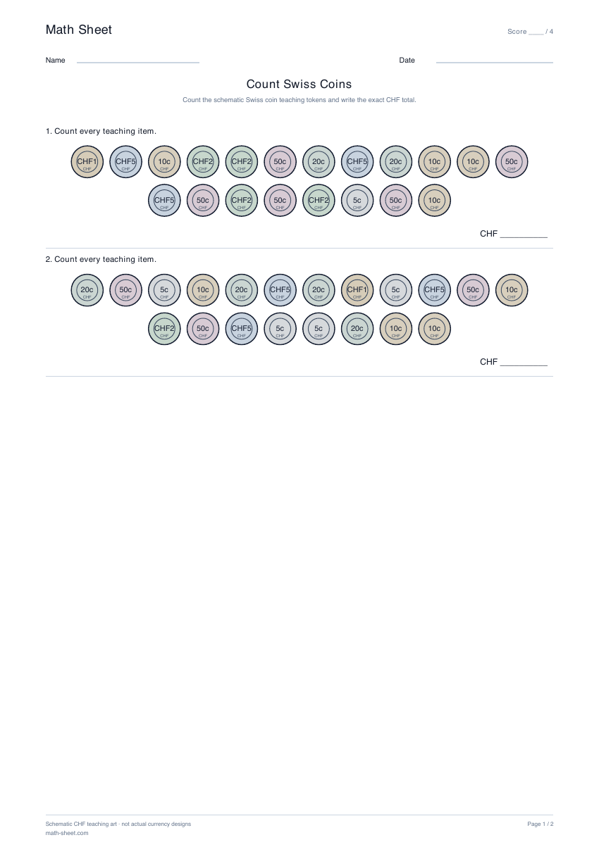 Printable count swiss coins worksheet preview