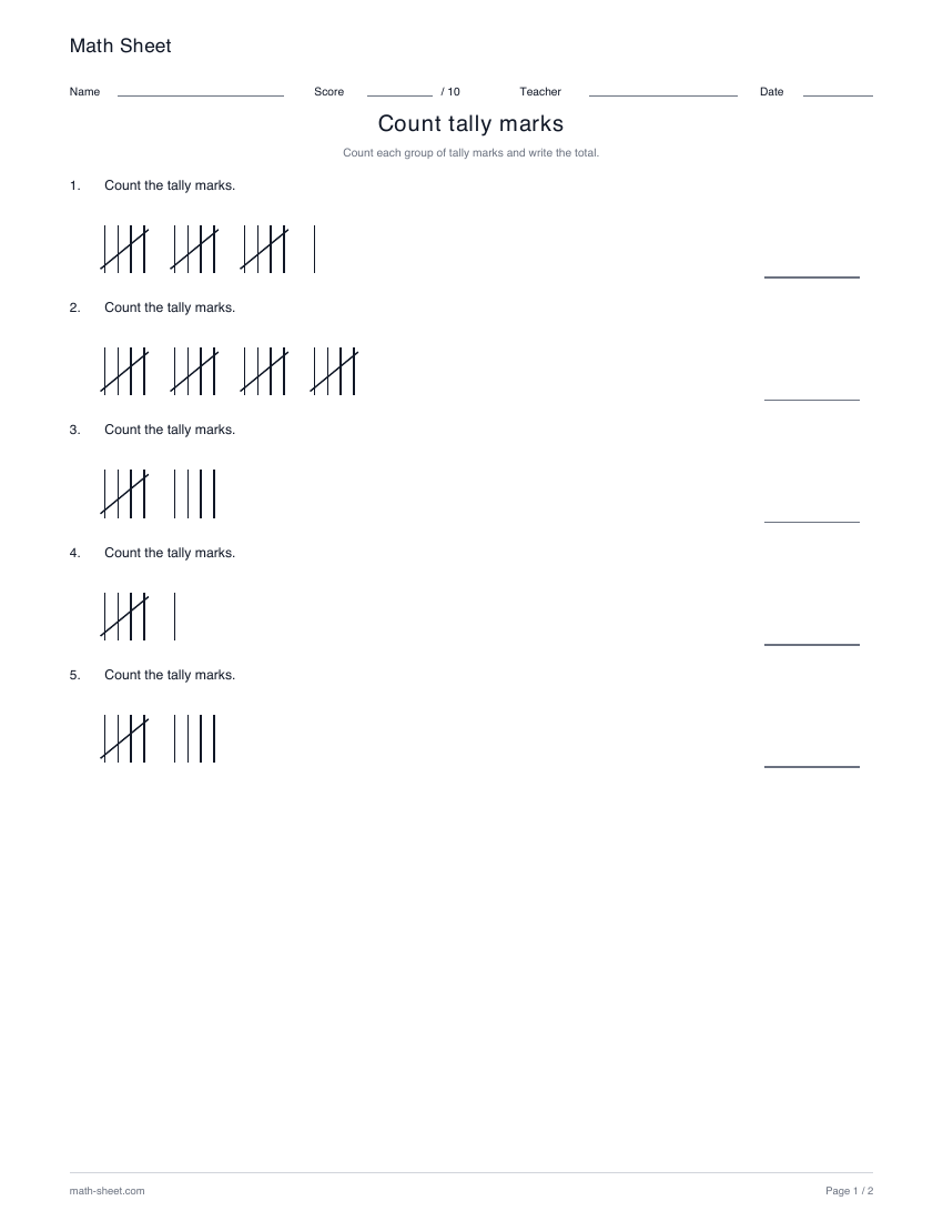 Printable count tally marks worksheet preview