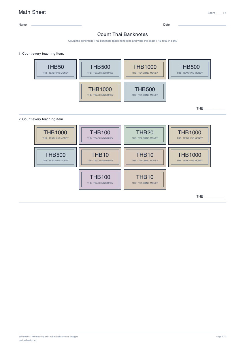 Printable count thai banknotes worksheet preview