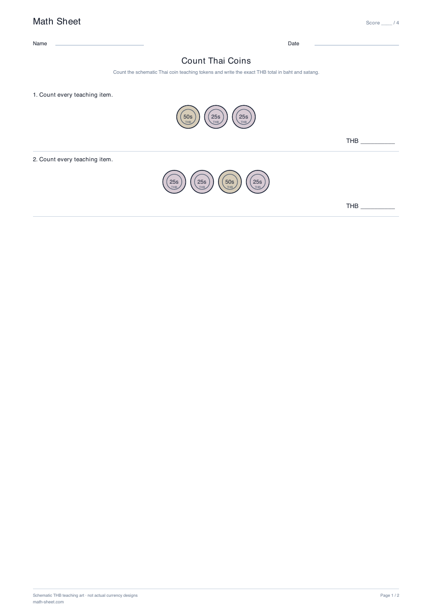 Printable count thai coins worksheet preview