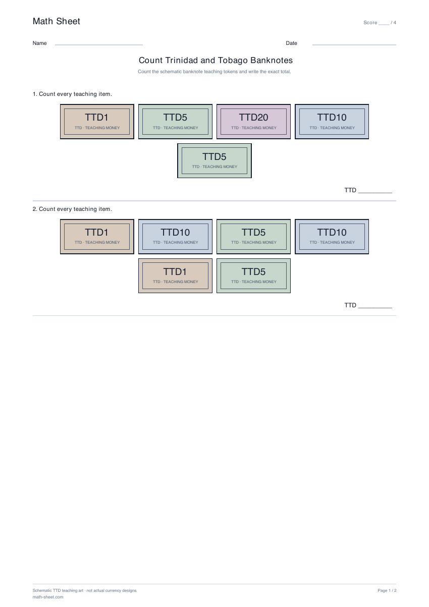 Printable count trinidad and tobago banknotes worksheet preview
