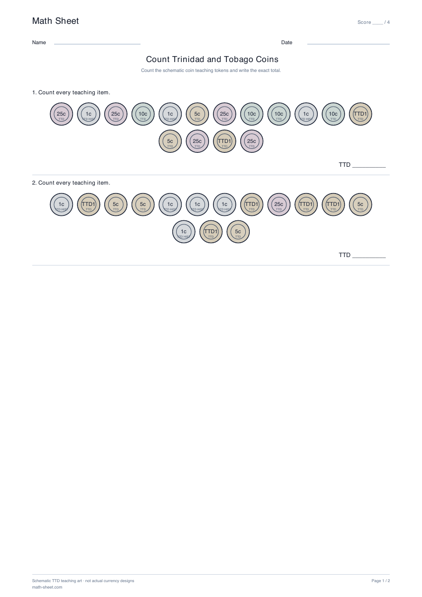 Printable count trinidad and tobago coins worksheet preview