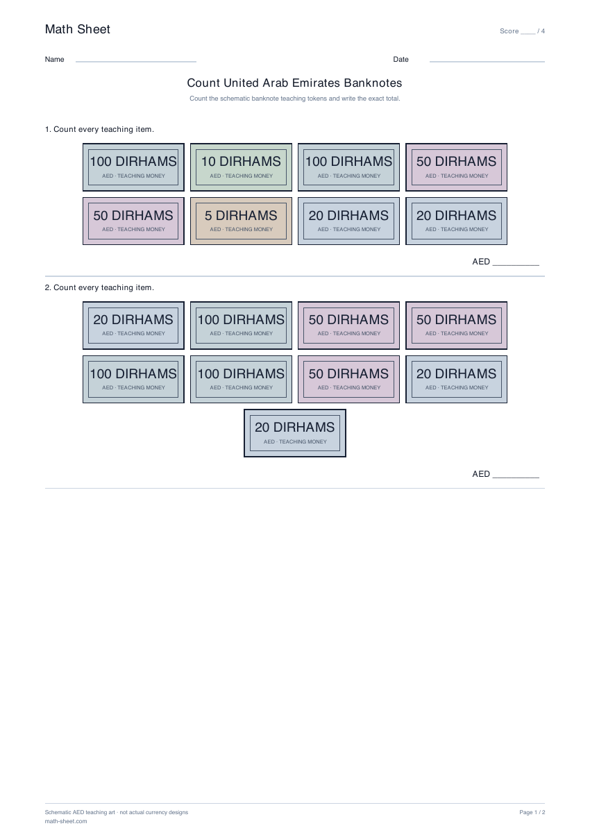 Printable count united arab emirates banknotes worksheet preview