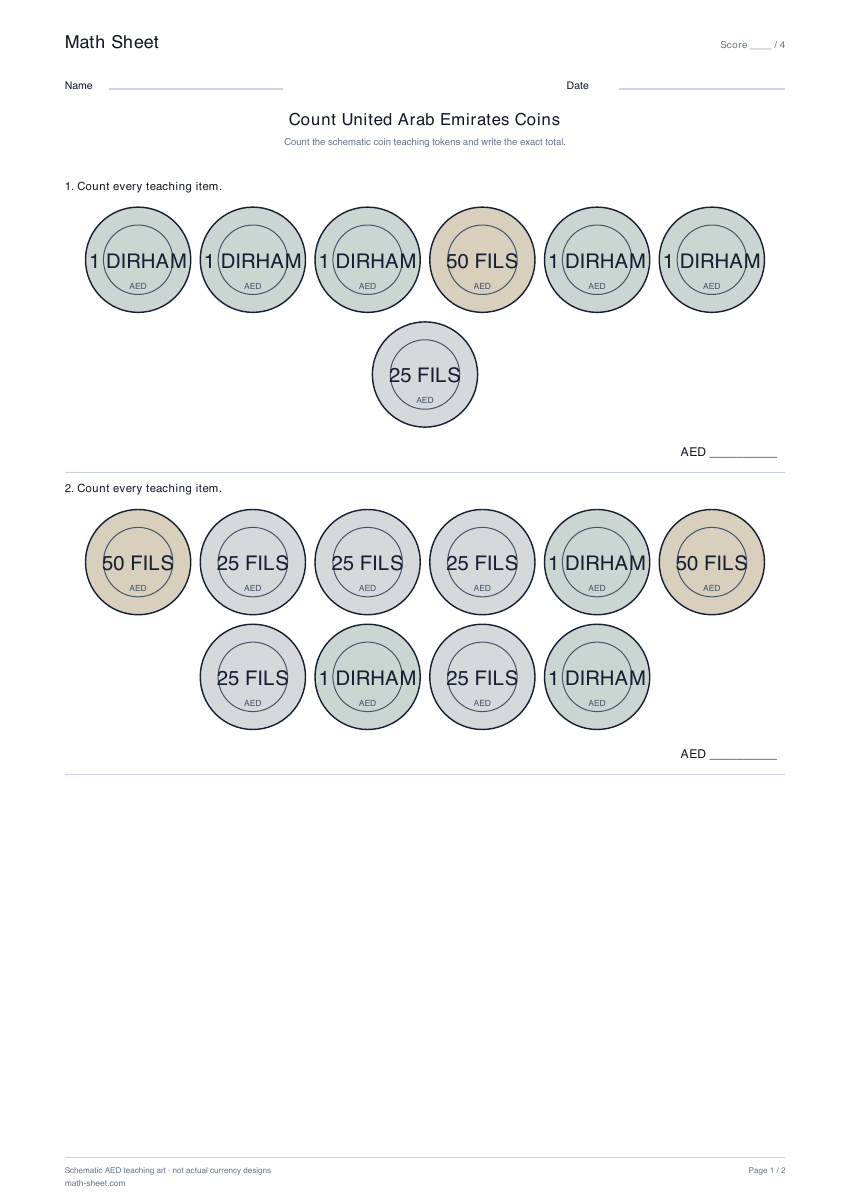 Printable count united arab emirates coins worksheet preview