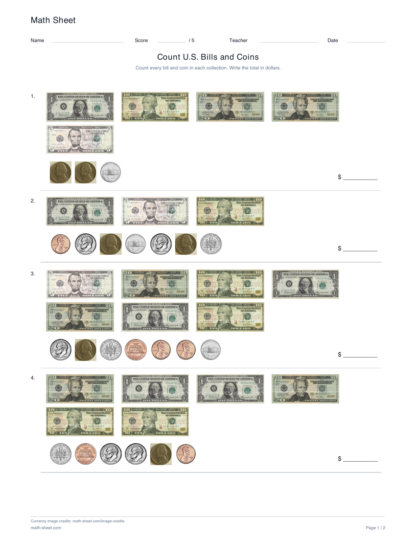 Printable count u.s. bills and coins worksheet preview