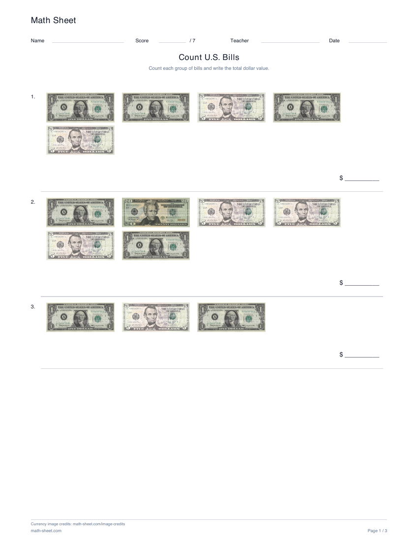 Printable count u.s. bills worksheet preview
