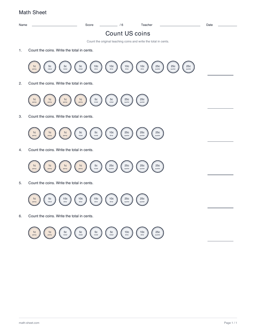 Printable count us coins worksheet preview