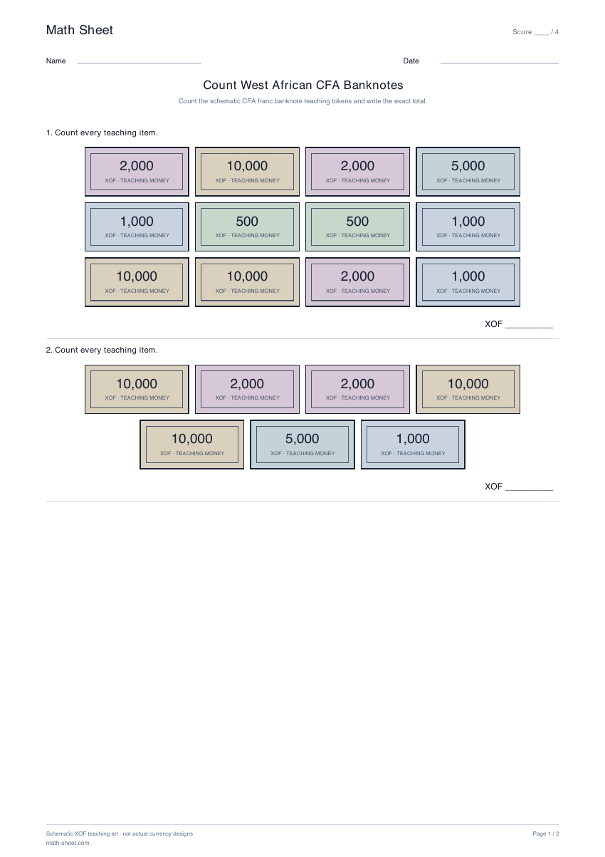Printable count west african cfa banknotes worksheet preview