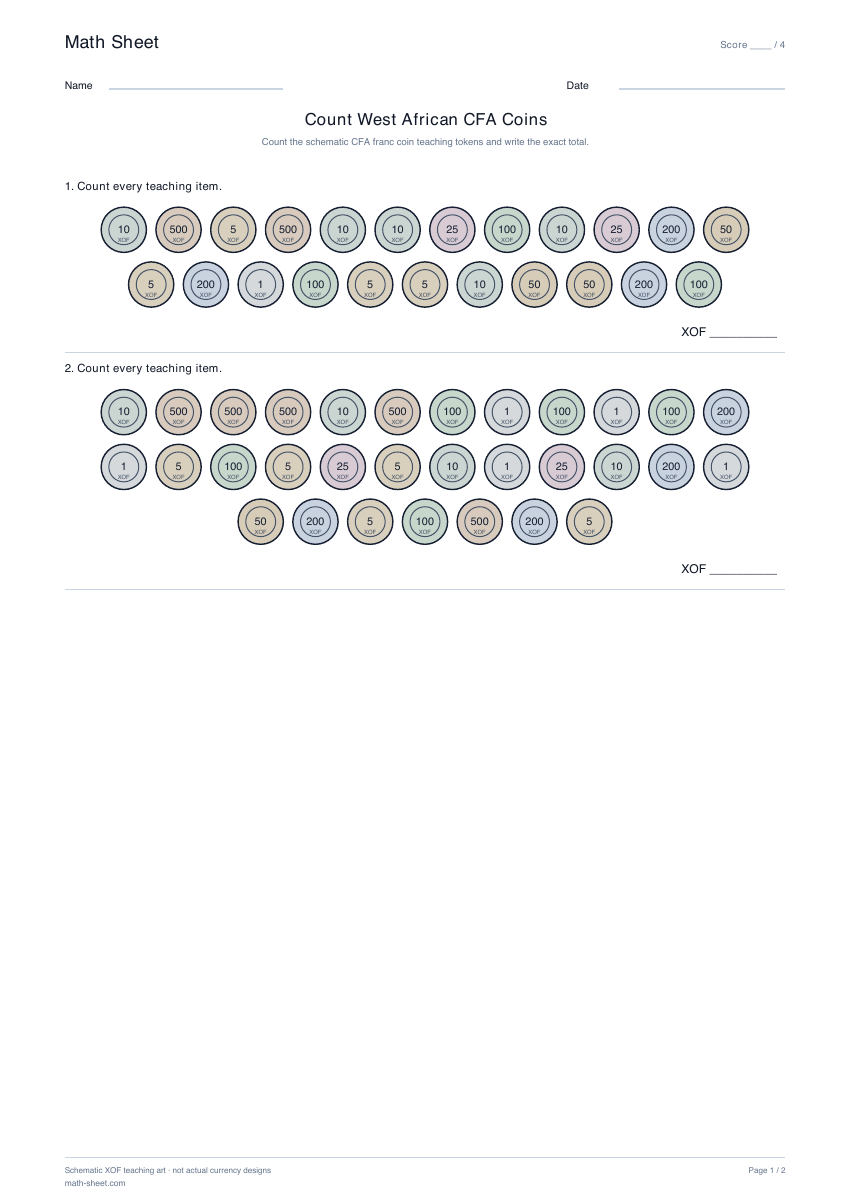 Printable count west african cfa coins worksheet preview