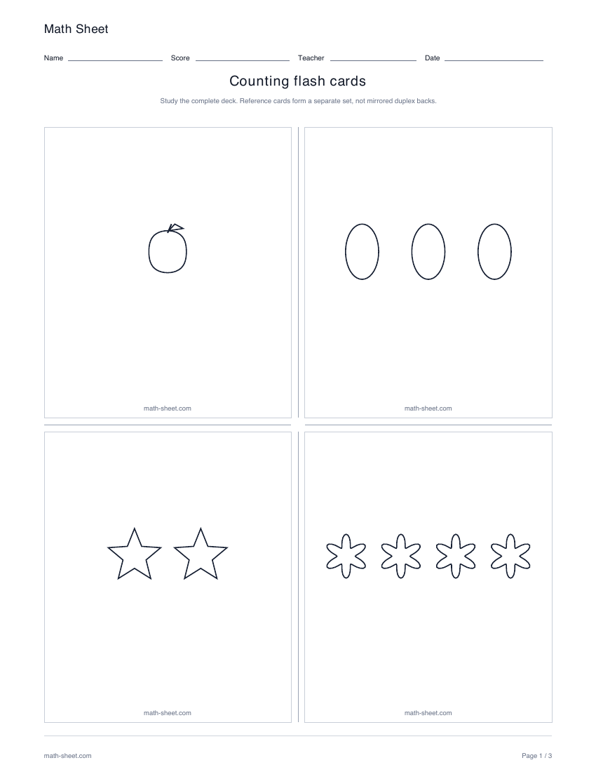 Printable counting picture flash cards worksheet preview